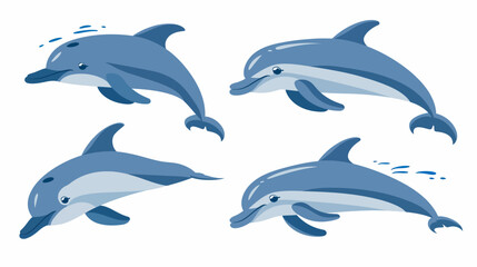 Obraz premium Four stylized blue dolphins depicted with different poses, on a white background. Simple and playful design
