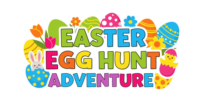 Colorful easter egg hunt adventure banner with decorated eggs and bunny