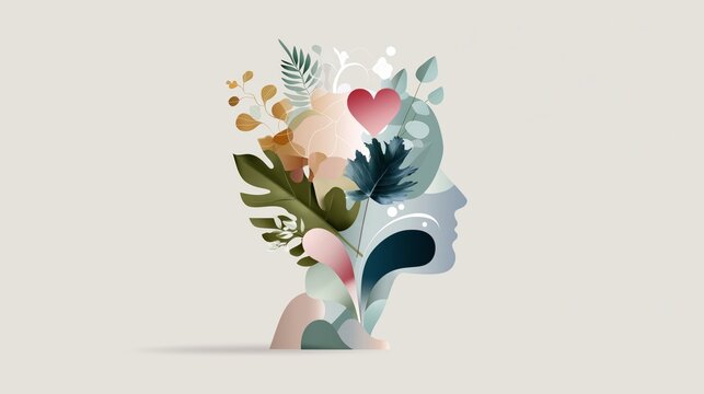 Abstract human profile with leaves and heart representing mental health balance emotional wellbeing and connection between nature and inner psychological harmony
