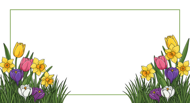 Colorful spring flowers border with tulips daffodils and crocuses