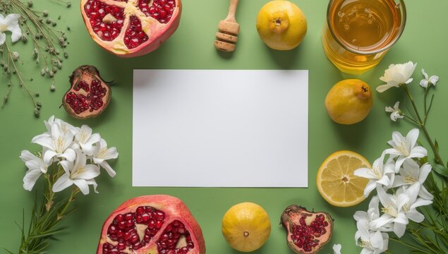 Arrangement of empty card, fruits, flowers, and honey on green backdrop for Rosh Hashanah celebration