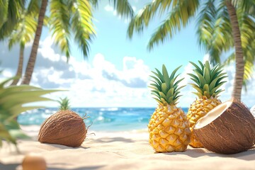 Obraz premium Pineapple and coconut on the beach with palm trees. 3d rendering