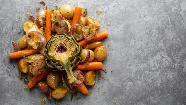 Artichoke and veggies on gray surface. Olive oil, potatoes, carrots, and onions dinner. Nutritious meal. Aerial view. Space available for text