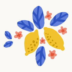 Flat vector illustration featuring yellow lemon fruit with small blossoms and blue leaves arranged in decorative composition on light background.