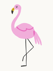 Flat vector illustration of pink flamingo standing on one leg in minimal tropical style on light background.