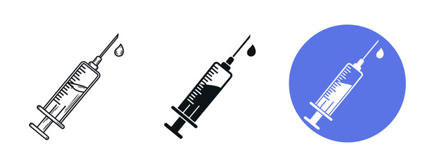 Obraz premium Medical syringe icons: black, white, blue variants with droplets