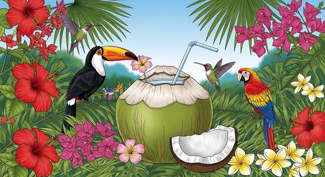 Toucan and Parrot Enjoying Coconut Drink in Jungle.