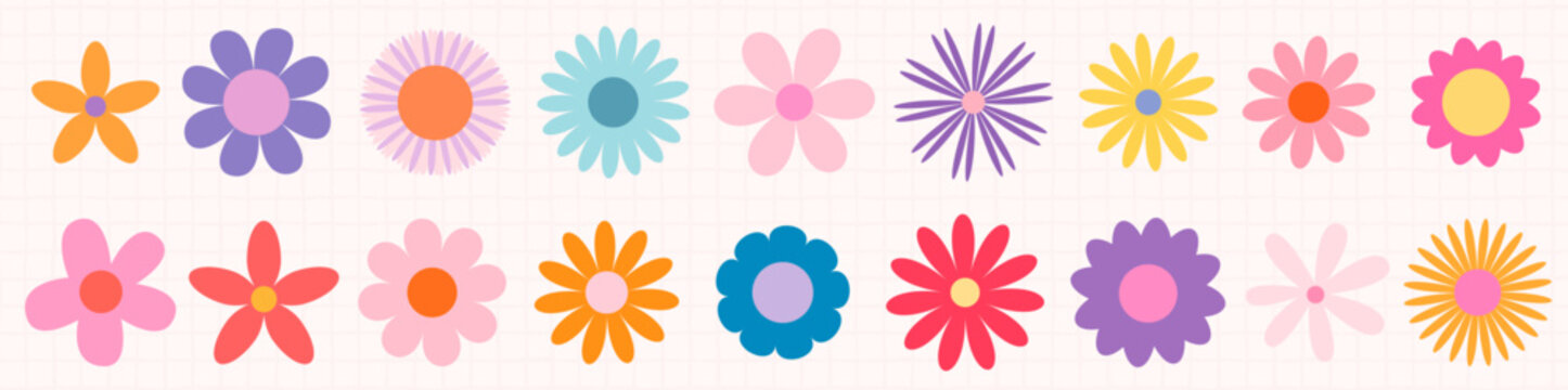 Colorful retro daisy vector flowers, simple geometric shapes, graphic design elements for greeting cards and summer designs