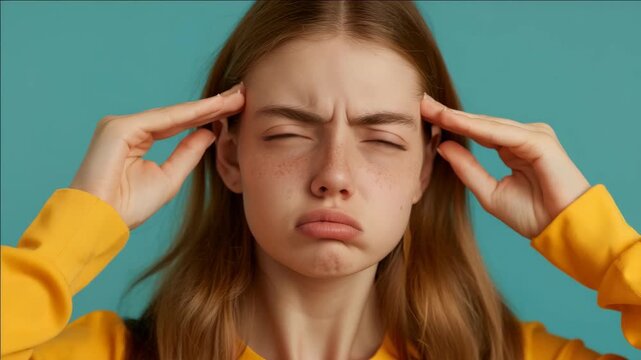 A woman appears frustrated, pressing her hands against her forehead, set against a blue background.