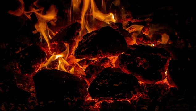 Backdrop of glowing coals. Nighttime flicker of embers. Texture of burning wood. Smoldering fire remnants