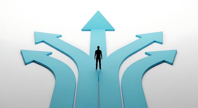 A person stands at a junction with multiple blue arrows pointing in different directions, representing choices and decisions in life.