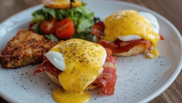 Bacon-topped eggs benedict