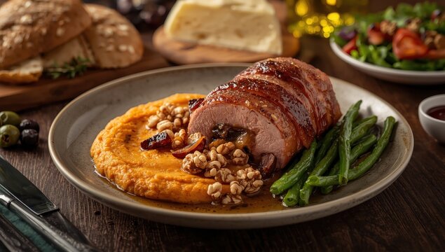 Bacon-wrapped pork loin filled with prunes and walnuts, served with sweet potato puree and green beans