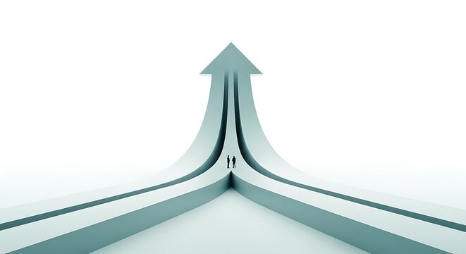 Two tiny people join forces on a path leading to a large upward-pointing arrow, symbolizing teamwork, progress, and shared success.