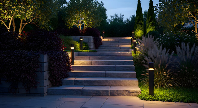 Illuminated Garden Staircase at Dusk with Ambient Landscape Lighting.