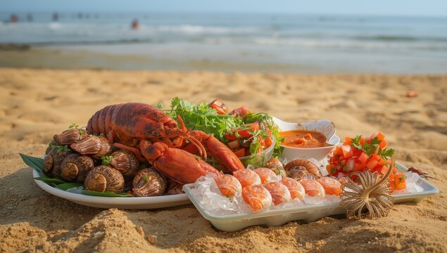 Beachside Vietnamese seafood featuring grilled lobster, snail, fish salad, and sea urchin
