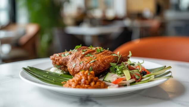 Bebek Pecel, an Indonesian dish featuring fried duck with sambal and fresh greens