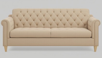 Fototapeta premium Beige tufted sofa with light wood legs in premium PNG