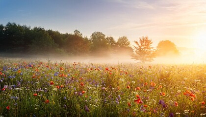 Sunlit Wildflower Meadow In Fog Dreamy And Aesthetic Nature Background