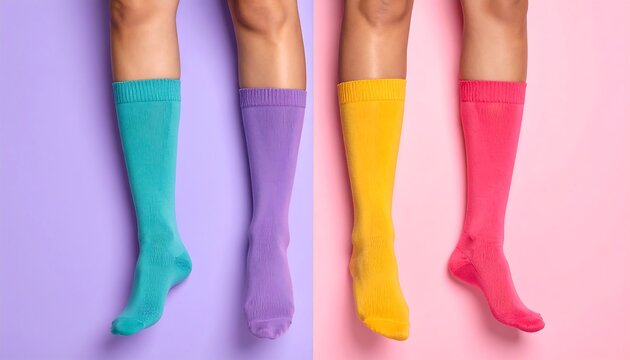 Four pairs of legs wearing brightly colored knee-high socks against two-tone pastel backgrounds