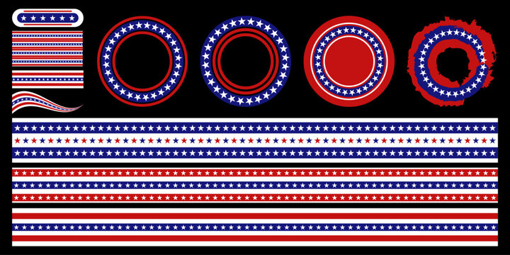 American flag patriotic borders and circular frames set with stars and stripes. Vector illustration isolated on black background.
