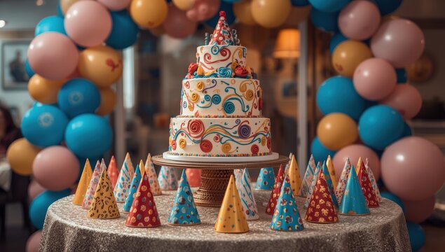 Birthday party room with balloons, cake, and party hats on the table