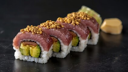 Bluefin tuna and avocado uramaki wrapped in toasted nori