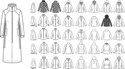 Technical Fashion Flat Sketch Bundle CAD Drawing Flat Vector Illustration Featuring Collection Of Hoodies Jackets Parkas And Activewear For Tech Packs © Shihab Creative