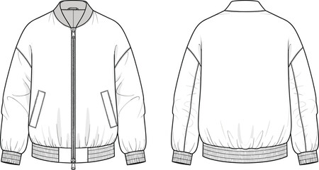 Women's Oversized Bomber Jacket Technical Flat Sketch, Zip Up Windbreaker Vector Illustration, Front and Back View CAD Drawing Flat Vector Illustration, apparel. © Shihab Creative