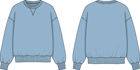 Women's Oversized Crewneck Sweatshirt Technical Flat Sketch, Blue Pullover Long Sleeve Sweater Vector Illustration, CAD Drawing Flat Vector Illustration, apparel. © Shihab Creative