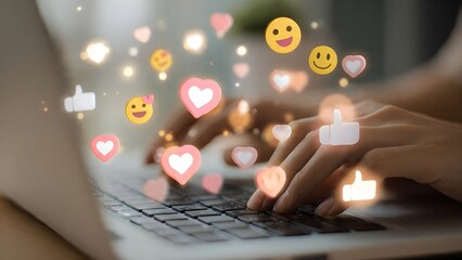 Naklejka premium Hands typing on laptop with floating heart like and emoji icons