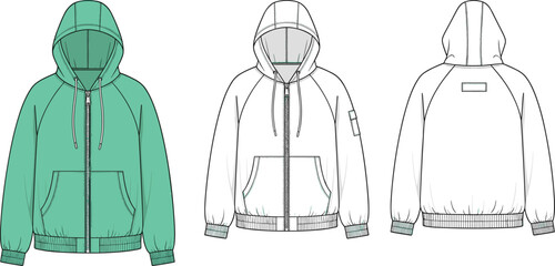 Unisex Raglan Zip Up Hoodie Technical Flat Sketch, Mint Green Sweatshirt Vector Illustration, Front and Back CAD Drawing, apparel, fashion. © Shihab Creative