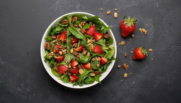 Bowl of summer salad featuring strawberries, arugula, spinach, nuts, and pumpkin seeds on a black stone surface. Aerial view with empty space