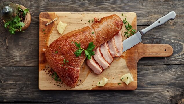 Braised pork shoulder, traditionally cured and smoked, garnished with parsley, presented from above on a rustic cutting board with space for text