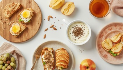 Breakfast inspiration: cream cheese and egg sandwiches, yogurt with apple and flax seeds, herbal detox tea on a light backdrop, overhead view