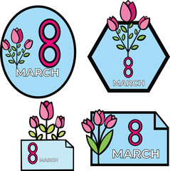 Mothers Day Four with pink tulips and number 8 for March 8 international womens day