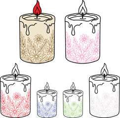 Five decorative candles with floral patterns and flames
