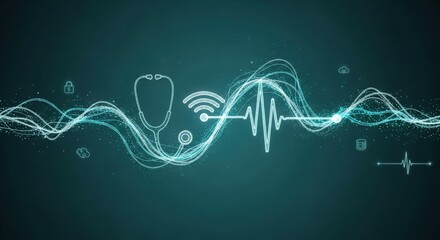 Futuristic Telemedicine and Digital Health Concept with Glowing Stethoscope and Interconnected Data Streams on Teal Background