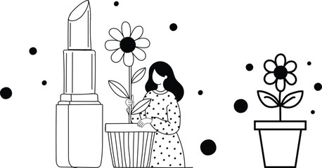 Mothers Day Woman holding flower next to lipstick and potted plant