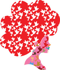 Woman profile silhouette with flock of white doves in hair Mothers Day
