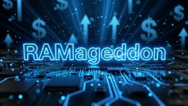 RAMageddon neon title on futuristic circuit board, memory shortage crisis, ai data centers boom, rising ram prices, tech market shock.