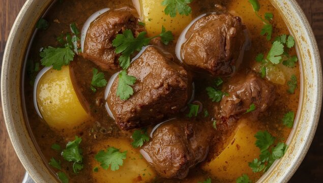 Caldo de costilla is a traditional Colombian dish featuring beef ribs simmered with potatoes, garlic, onion, and cilantro. Vertical close-up from above