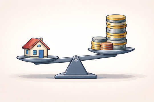 Minimal illustration of a balance scale comparing a house and coin stacks, representing housing costs, rent pressure, and affordability crisis