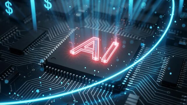 AI glowing text on circuit board background, ai data centers causing memory shortage, rising ram prices, high tech innovation, computing demand.