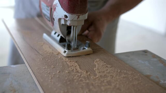 ResiziWorker trimming laminate flooring panel to required size using electric jigsaw. Detailed flooring installation and interior upgrade concept.ng Laminate Panel with Jigsaw. 