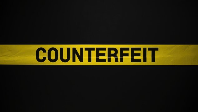 Caution about counterfeit goods: yellow tape with warning on dark background
