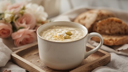 Ceramic mug of white corn porridge with fresh kernels on a wooden tray, healthy breakfast featuring flowers and bread in the background
