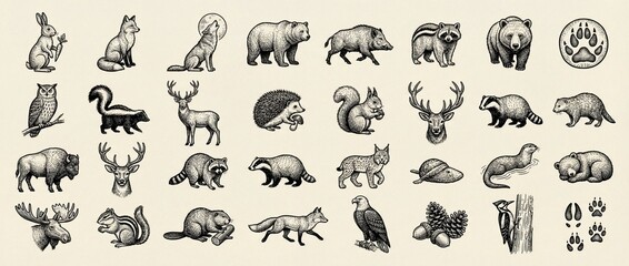 Fototapeta premium Collection of animal sketches featuring various wildlife creatures in a detailed and artistic display on a plain background