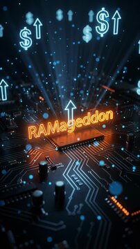 RAMageddon text over microchip circuit board with currency icons, memory shortage crisis, ai data centers boom, rising ram prices, supply shock.