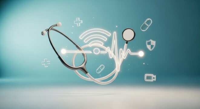 Luxury Telemedicine Concept with Minimalist Ceramic Stethoscope and Glowing Wi-Fi Heartbeat Pulse on Teal Macro Background